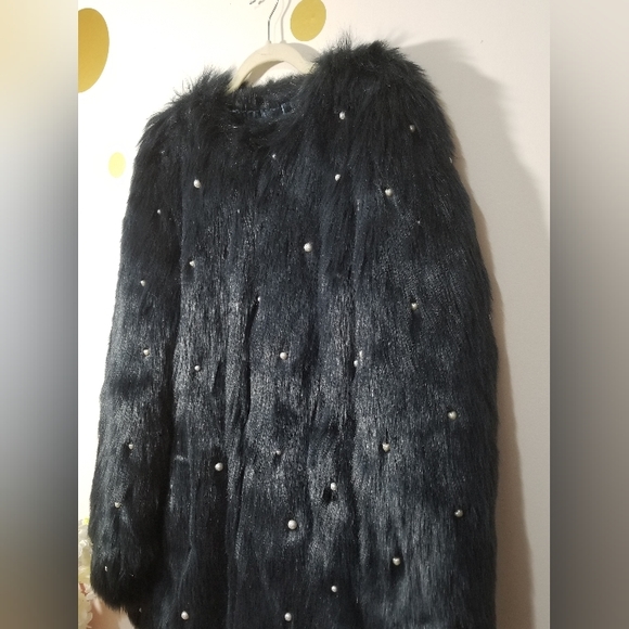 L'Eclipse Navy Blue Vegan Faux FUR Pearl Design Fashion Coat L/XL NEW - Picture 2 of 5